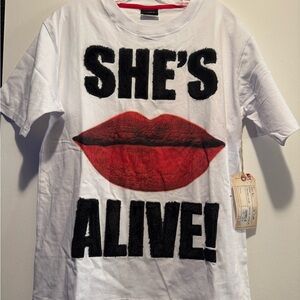 Universal White Tee with Red and Black Graphic